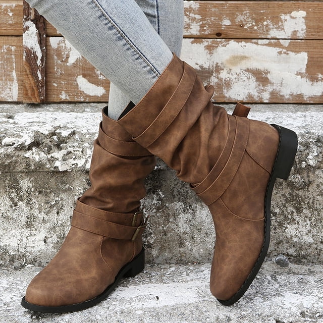 LSLJS Chaussures de Mode pour Femmes Bottes Western Rétro Décontractées Chaudes Talons Bas Bottes Mi-Mollet, Bottes Plates pour Femmes, Bottes pour Femmes