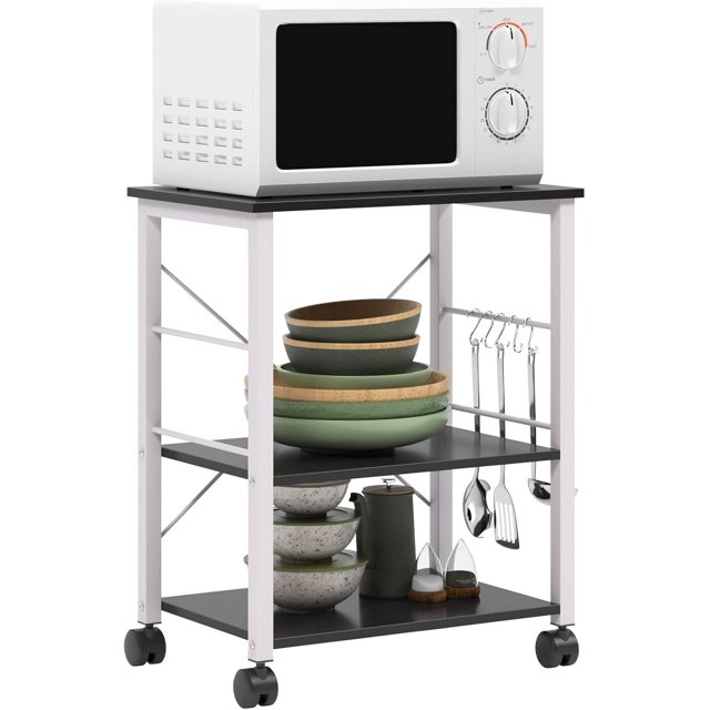 SOGES 3-Tier Kitchen Baker's Rack Utility Microwave Oven Stand Kitchen Cart Island in black. The cart features three storage tiers with a durable laminated wood panel and powder-coated metal frame. The top tier holds a microwave, while the middle and bottom tiers store bowls, utensils, and other kitchen essentials. Includes five hooks for hanging cooking tools and rolling casters for mobility with locking brakes. Compact design with an X-frame for added stability, suitable for kitchens, living rooms, or bathrooms.