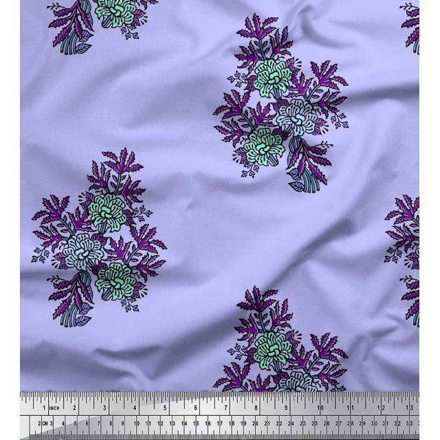Soimoi Polyester Crepe Fabric Leaves & Floral Block Printed Fabric 1 Yard 42 Inch Wide