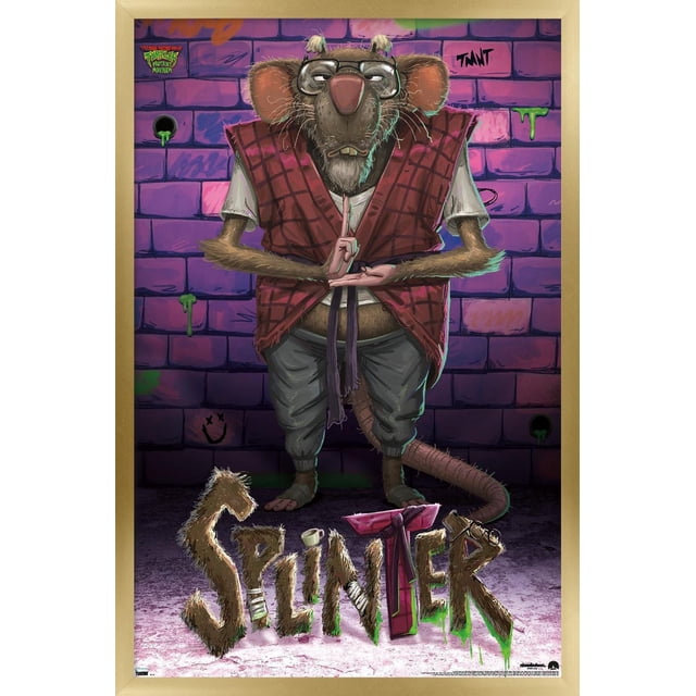 Les Tortues Ninja : Mutant Mayhem - Affiche Murale Splinter, 22,375 Pouces x 34 Pouces, Montre une illustration de Personnage Splinter Orientée vers l'Avant contre un Mur de Briques Violettes avec des Gouttes de slime Vert. Splinter Porte un Gilet à Carreaux Rouges par-Dessus une Chemise Blanche et un Pantalon Gris, avec de Grandes Lunettes et une Longue Queue Qui Se Recourbe derrière Lui. le Mot à Texture Duveteuse « Splinter' Apparaît au Bas avec des bandages et une Petite Tasse sur les Lettres. Imprimé sur du Papier d'Affiche Lustré, Idéal