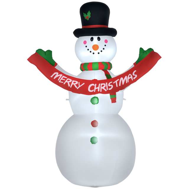 HOMCOM Inflatable Snowman Christmas Outdoor Decoration with LED Lights. This white polyester inflatable snowman stands 95.7 inches tall and features a black top hat with holly, a red and green striped scarf, and a red banner reading 'Merry Christmas.' Equipped with three LED lights for a festive glow, it includes six stakes and three drawstrings for secure outdoor setup. Suitable for indoor and outdoor use, it deflates for easy storage. Power cable length is 9.8 feet.