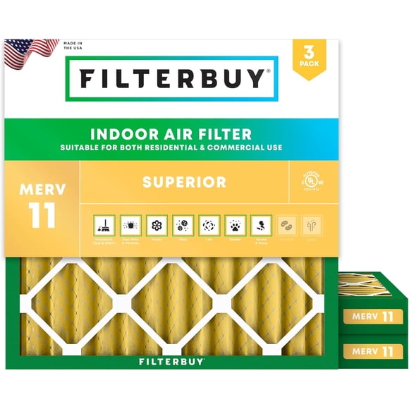 Filterbuy 10x10x2 MERV 11 (MPR 1200) Allergen Defense, Pleated HVAC AC Furnace Air Filters (3-Pack)