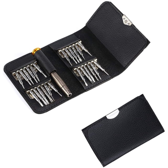25 in 1 Screwdriver Set, Mini Professional Precision Screwdriver Set featuring 24 magnetic screwdriver heads, a sturdy handle, and a compact black leather case for storage. Precision tools suitable for electronics repair, including phones, cameras, and watches, as well as minor home repairs.