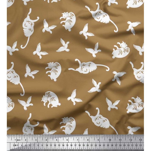 Soimoi Rayon Crepe Fabric Bird & Cat Animal Print Sewing Fabric Yard 46 Inch Wide