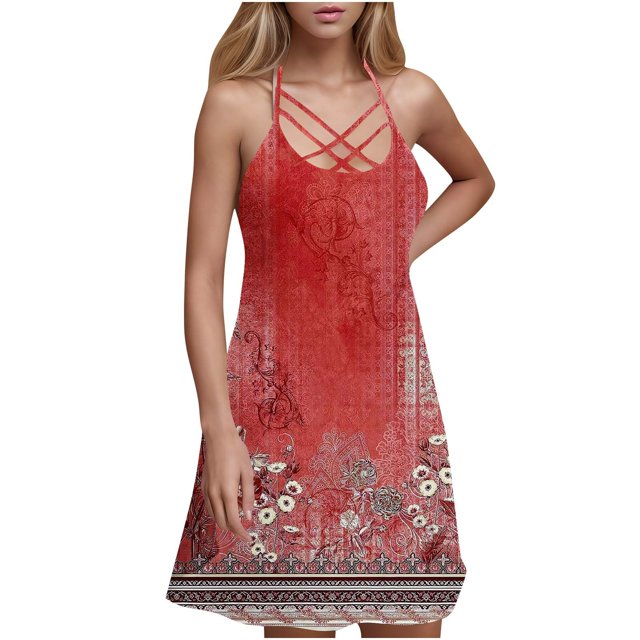 Ovzne Robes Grande Taille pour Femmes Rondes Robe de Plage Robes d'Été pour Femmes Robe de Plage en Dentelle Imprimée Sans Manches Décontractée Ample Robe Débardeur Robe Imprimée pour Femmes Liquidation