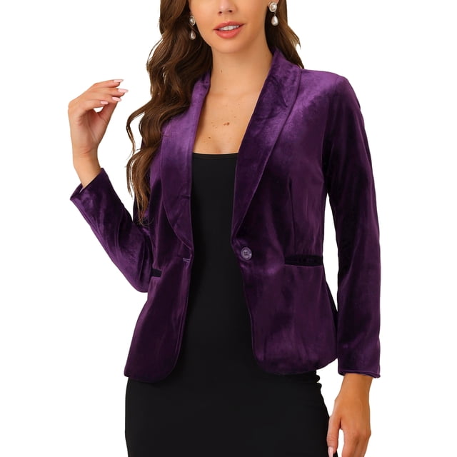 INSPIRE CHIC Women's Velvet Blazer Solid Color Shawl Collar One Button Wear-to-Work Suit Jacket S Violet