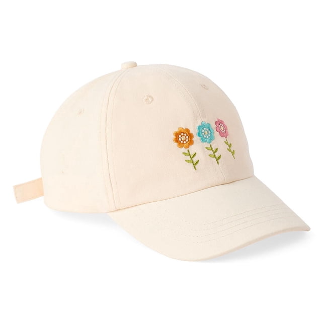 Time and Tru Women's Cotton Baseball Cap in off-white with a curved peak, 6-panel design, breathable eyelets, and embroidered orange, blue, and pink flowers on the front. It has an adjustable back strap for a comfortable fit, ideal as a casual accessory.