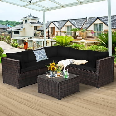 Costway Ensemble de Mobilier de Terrasse en Rotin 6 Pcs Sectionnel Canapé Coussiné pour Terrasse Noir