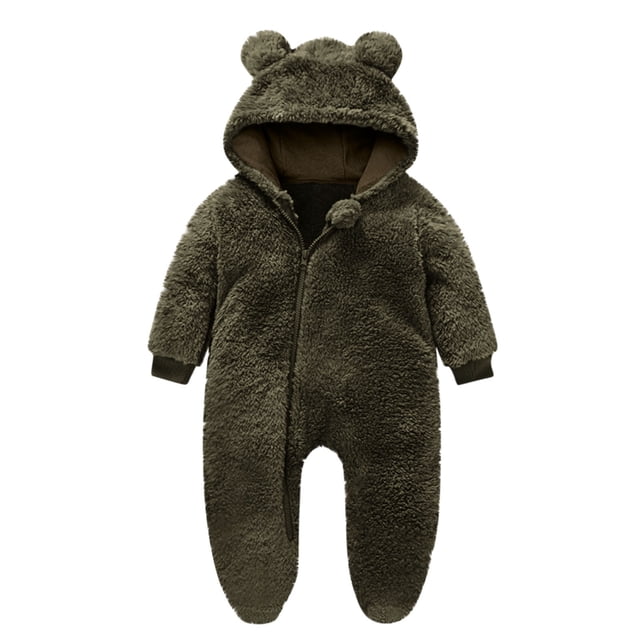 AherBiu Infant Rompers Fleece Hooded Jumpsuits Zip up Bodysuits Fall Winter Solid Color Warm Fuzzy Newborn Baby Clothes Sets