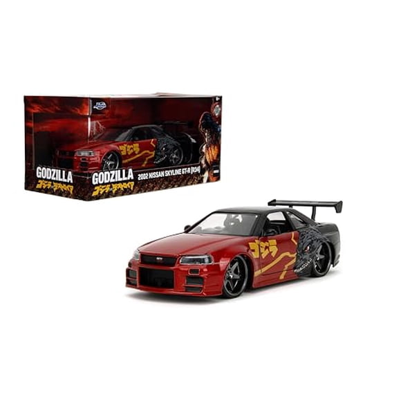 Jada 2002 Nissan Skyline GT-R (R34) RHD (Right Hand Drive) Red Metallic and Black Godzilla vs. Destoroyah (1995) Movie Hollywood Rides Series 1/24 Diecast Model Car