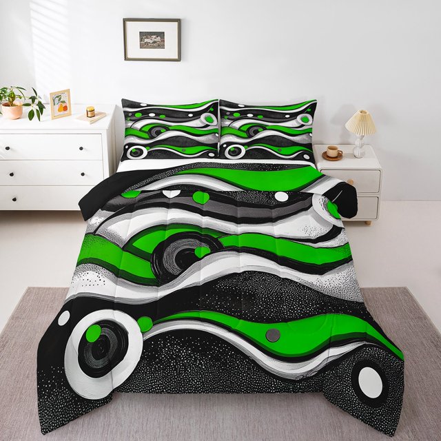 Erosebridal Circle Stripes Comforter Sets Queen Size,Black Green Bedding Queen Comforter Set,Microfiber Reversible Bedding Sets Queen with Comforter,Geometric Room Decorative,3 Pieces