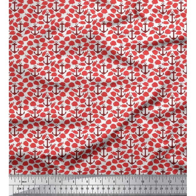 Soimoi Modal Satin Fabric Fish & Anchor Hook Nautical Printed Craft Fabric by the Yard 42 Inch Wide