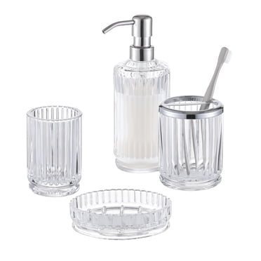 Gala Houseware 4-Piece Clear Glass Bathroom Accessories Set, Soap Dispenser, Toothbrush Holder, Tumbler & Soap Dish