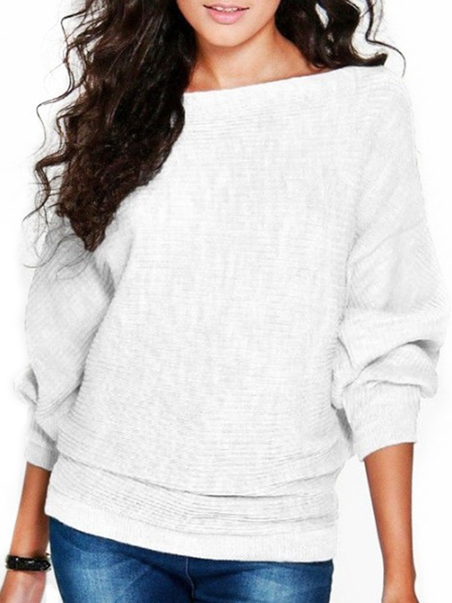 MAWCLOS Women Pullover Solid Color Jumper Tops Winter Warm Sweater Cozy Work Bat Sleeve Knitted Sweaters White L