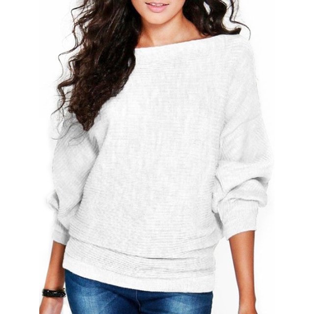 MAWCLOS Women Pullover Solid Color Jumper Tops Winter Warm Sweater Cozy Work Bat Sleeve Knitted Sweaters White L