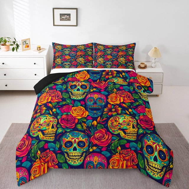 Erosebridal Boho Hippie Skull Bedding Full Comforter Set, Retro Red Flower Down Comforter, Gothic Halloween Room Decor, Reversible 3pcs