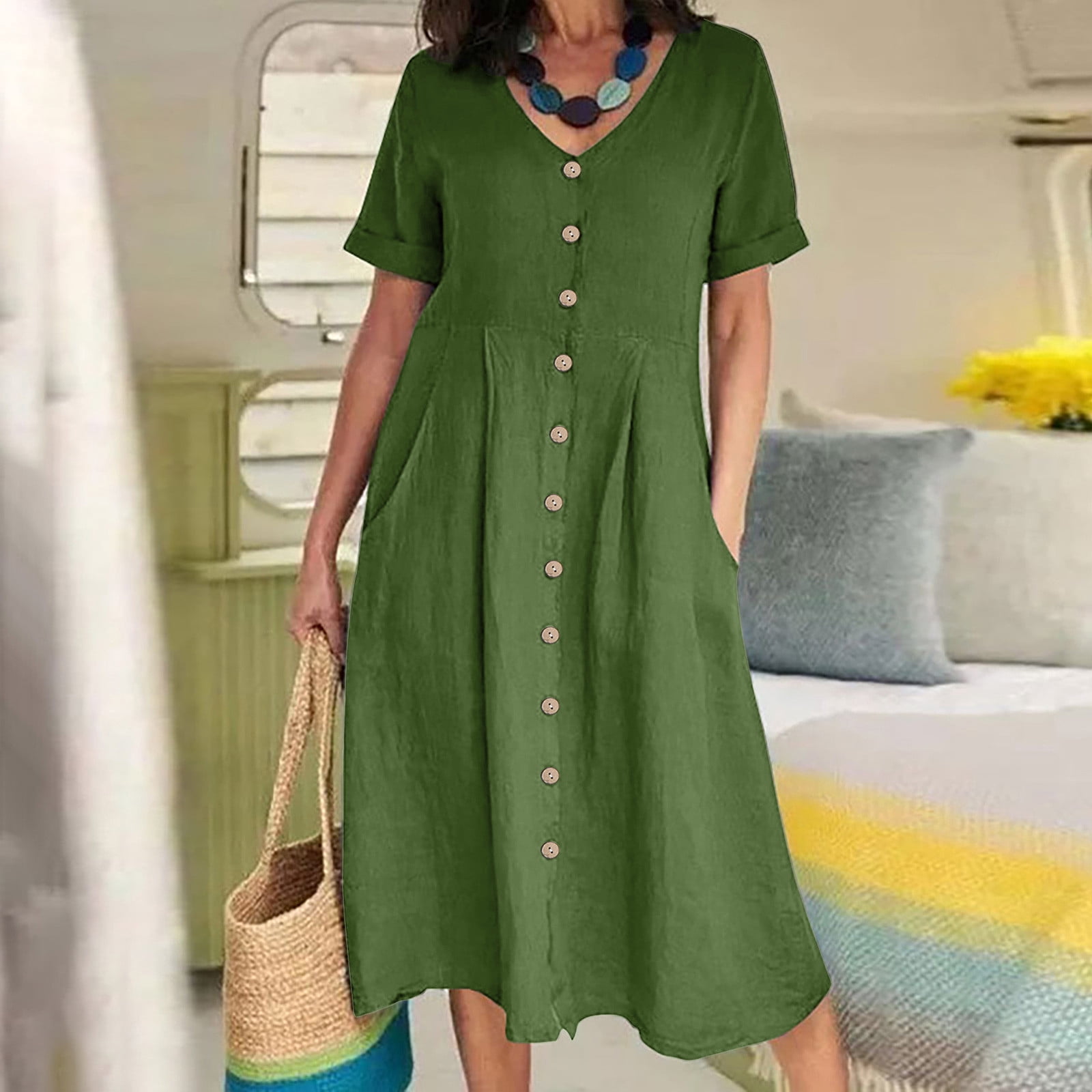 Robe T-Shirt Mode Femmes Été Décontractée Col en V Uni Manches Courtes Bouton Poche Robe en Coton et Lin Robes Élégantes pour Femmes en Liquidation
