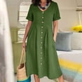 thumbnail image 3 of Cameland Mode Femme Été Décontractée Col en V Uni Manches Courtes Bouton Poche Robe en Coton et Lin, 3 of 9