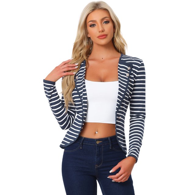 INSPIRE CHIC Women's Notched Lapel Button Decor Thin Striped Blazer