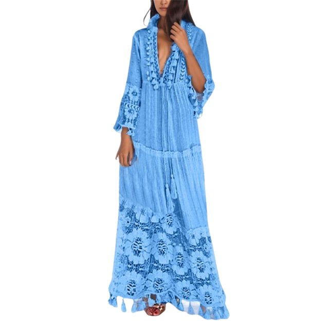 TJAZFJPA Robe d'Été pour Femme à Col en V avec Franges, Grande Taille, Décontractée, Bohème, en Dentelle Unie, Robe Mode. Robe Longueur au Sol, Fluide, Ligne A, dans une Teinte Bleu Vif avec Détails en Dentelle Complexes, Franges et Col en V Flatteur. Fabriquée en Tissu Respirant, Idéale pour les occasions d'Été, les Vêtements de Grossesse Ou les Sorties Décontractées.