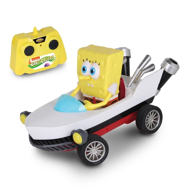 NKOK SpongeBob Kart RC Boat (2401) - White/Yellow with a detailed SpongeBob SquarePants figure driving a white and red open-wheel boatmobile kart featuring black trim and yellow headlights, paired with a yellow 2.4GHz remote control labeled Nickelodeon Kart Racers, suitable for remote control boat racing with up to 100-foot range.