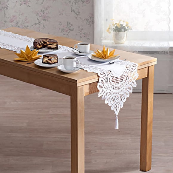 Decorative Table Banner for Home —Elegant Lace Table Flag for Dining Rooms Tea Tables and Kitchen White and Red# end start# s#Enhances table with a delicate lace motif suitable for festive dining and