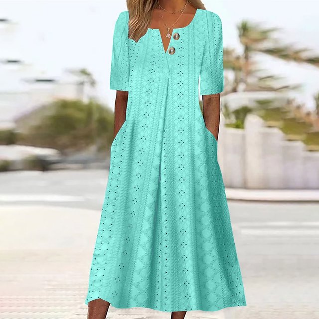 Babysbule Liquidation Robes d'Été pour Femmes, Mode Femmes Décontractée Ample Imprimé Papillon Col en V Manches Mi-Longues Boutons Poches Robe Longue