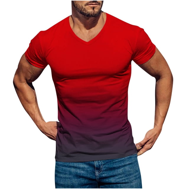 LSLJS Mens Gradient Print T-Shirt Fitness Muscle Short Sleeve Shirts V-Neck Athletic Pullover Top