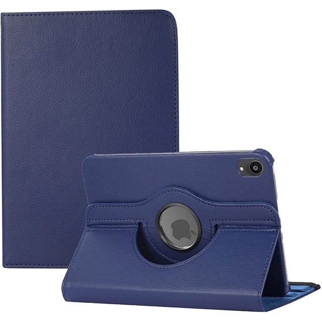 PST iPad Mini 6 6th Gen. / Mini 7 7th Gen. Case, 360 Degree Rotating PU Leather Stand Smart Case Cover in blue. Designed for Apple iPad Mini models, it features a 360-degree rotating swivel for flexible vertical and horizontal positioning, shockproof hard back for drop protection, and precise cutouts for ports and camera access. Includes a magnetic auto wake and sleep function, elastic band closure, and a multi-angle stand for video viewing. Made of durable PU leather.