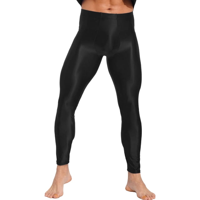 YUUMIN Men's Shiny Compression Pants Oil Glossy Stretchy Workout Sports Base Layer Trousers Black XXL