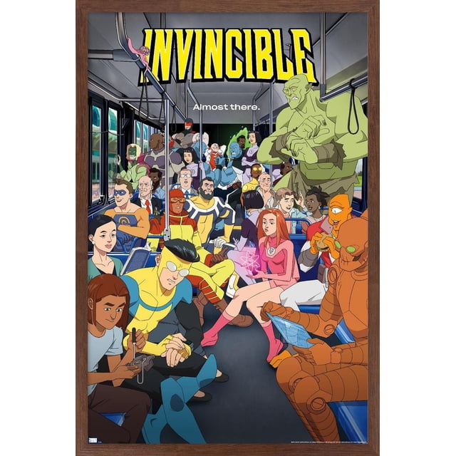 Invincible: Season 2 - Bus One Sheet Wall Poster, 22.375" x 34", depicts a vibrant animated bus interior filled with various superheroes in colorful costumes, including a large green figure, a pink-suited woman holding a glowing atomic symbol, and an orange robotic character reading a tablet, with the bold yellow title 'INVINCIBLE' and the phrase 'Almost there.' above, printed on glossy poster paper for striking wall décor.