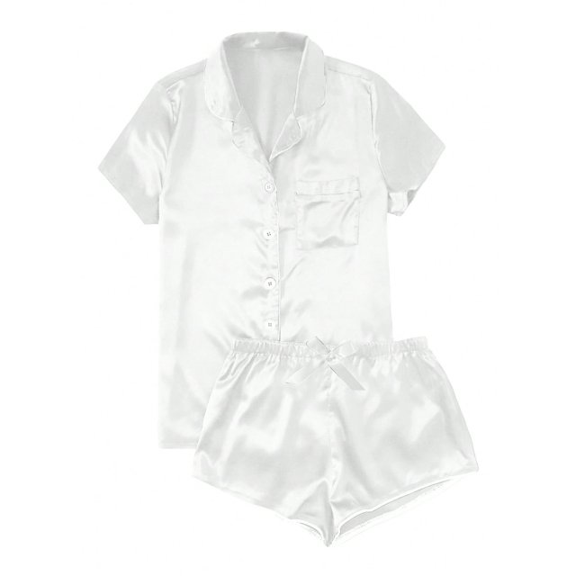 Ensemble de Pyjama Décontracté en Satin pour Femmes avec Boutons à la Maison (Blanc, M)