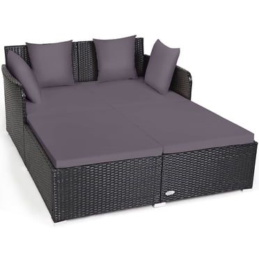 Costway Outdoor Patio Rattan Daybed Pillows Cushioned Sofa Furniture