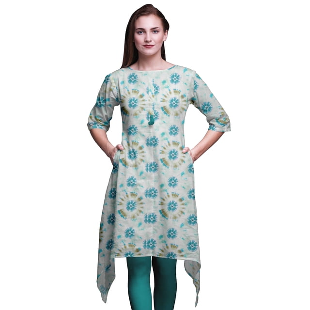 Bimba Kurti Asymétrique Vert Bandhani Imprimé Teinture sur Nœuds pour Femmes Robe d'Été Indienne Tunique Grand