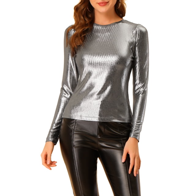 INSPIRE CHIC Haut Brillant pour Femme Manches Longues Col Rond Coupe Régulière Blouse de Soirée Scintillante L Noir Argent