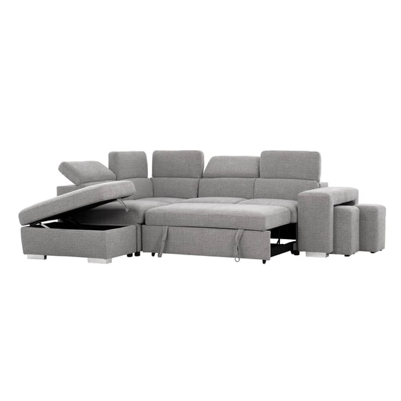 Urban Cali Pasadena Large Sleeper Sectional Sofa Bed with Storage Ottoman and 2 Stools (Thora Stone / Left Facing Chaise)