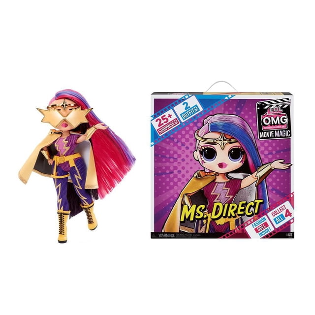 LOL Surprise OMG Film Magie Poupée Ms. Direct Portant une Combinaison Violette avec accents Éclair Dorés, cape Dorée et Bottes Jaunes, avec de Longs Cheveux Roses et Bleus. la Poupée Est Montrée à Côté de Sa Boîte Violette avec Ms. Direct Illustrée et Texte Mettant en Valeur 25+ surprises et 2 Tenues Incluses pour le Jeu de Poupée de Collection.