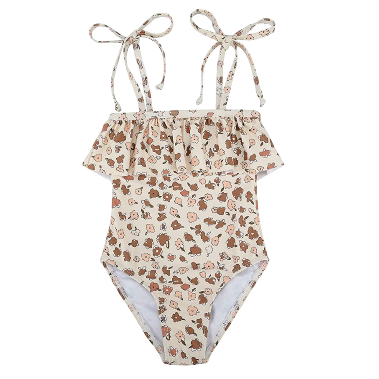 WEIYLL Girls One Piece Swimsuits 1Pc Bikini Color Floral Print Rash Guard Beach Pool Khaki Beachwear for 18-24 Months