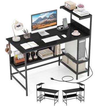 Costway 48" Computer Desk with Power Outlets, Storage Shelves, Headphone Hook for Gaming Black