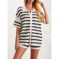 thumbnail image 4 of FOCUSNORM Women Pajamas Set 2 Pieces Loungewear Suits Stripe Contrast Color Button Crochet Knit Tops and Shorts Lounge Sets, 4 of 9