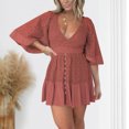 thumbnail image 1 of Ovzne Robes Grande Taille pour Femmes Rondes Robe de Plage Mode Femmes Été Décontractée Col en V Dentelle Manches Courtes Robe Mini Unie Robe de Printemps Manches Courtes Liquidation, 1 of 7