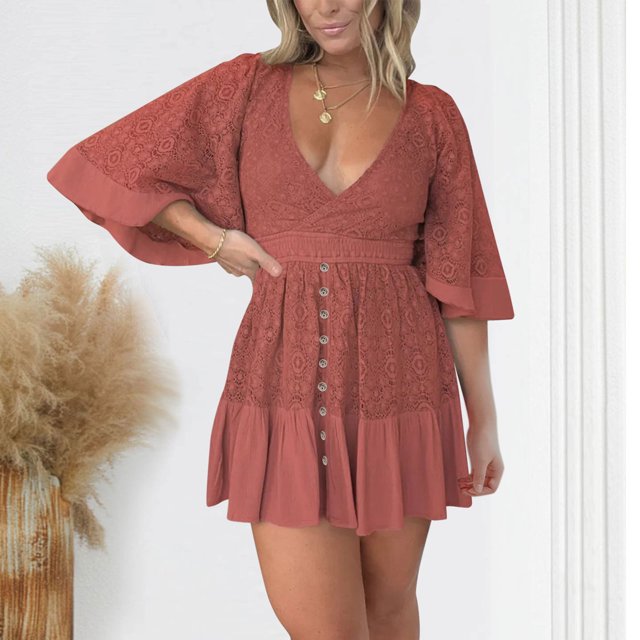 Ovzne Robes Grande Taille pour Femmes Rondes Robe de Plage Mode Femmes Été Décontractée Col en V Dentelle Manches Courtes Robe Mini Unie Robe de Printemps Manches Courtes Liquidation