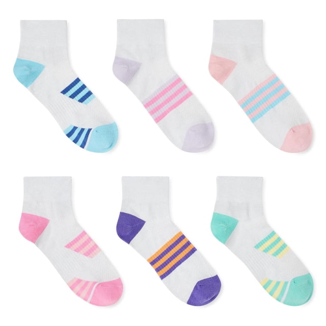 Athletic Works Women's Ankle Socks 6-Pack includes six pairs of white ankle-length socks with assorted coloured heels, toes, and triple stripes in blue, pink, purple, orange, and teal, featuring elastic arch support and breathable fabric suitable for everyday and active wear.