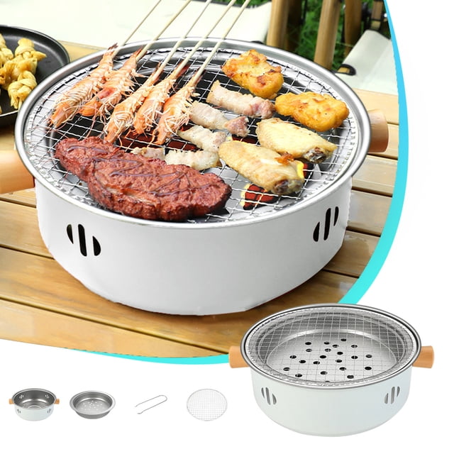 Gril Barbecue Portatif Mini au Charbon, Gril BBQ au Charbon Compact, Gril au Charbon Multifonction Sans Fumée Rond de Table pour Cuisson Intérieure Extérieure Maison Fête Pique-Nique Camping