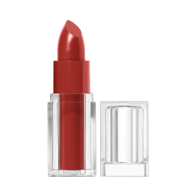 Clean Lip Color satin finish lipstick in a vivid deep red shade with 24-hour wear, shown in a clear rectangular plastic tube with the cap beside it, featuring a carmine-free, non-drying formula infused with squalane, avocado, and aloe for moisture-rich, lightweight coverage ideal for comfortable daily use.