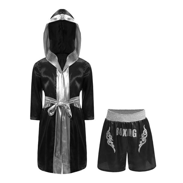 Zaldita Costumes de Boxe pour Enfants Garçons Filles Tenue de Boxeur Déguisement de Fête Ensemble 2 Pcs Peignoir de Kickboxeur et Ensembles de Shorts de Boxe Noir&Argent 6