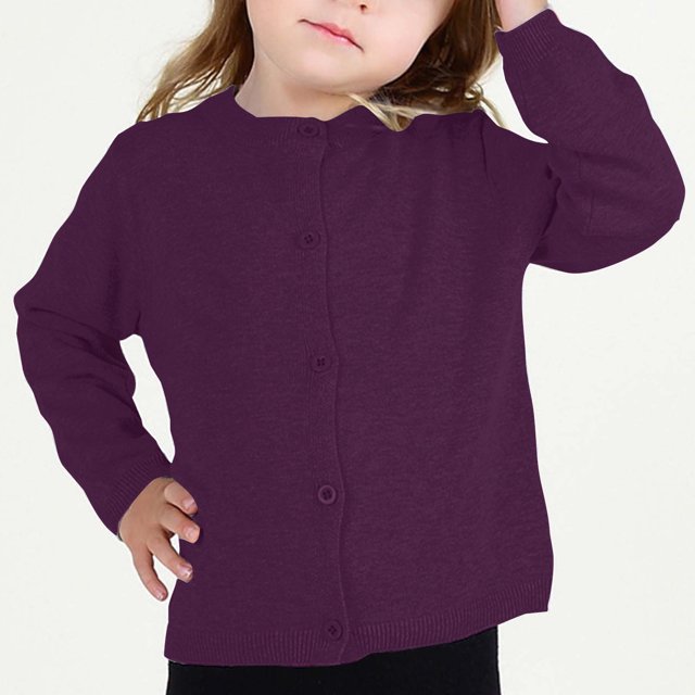 RXIRUCGD Cardigan à Col Rond pour Filles en Coton Uni à Manches Longues, Violet, Taille : 6 Ans