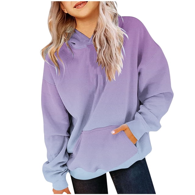 RXIRUCGD Chandail à Capuchon pour Petites et Grandes Filles, Chandail Dégradé, Mode, Col Rond, Manches Longues, Hauts, Manteau de Printemps, d'Automne et d'Hiver, Chandail Violet pour Filles, Taille 7-8 Ans