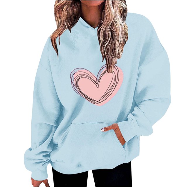 Penkiiy Mode Décontractée pour Femmes Impression de la Saint-Valentin Hauts à Manches Longues Sweat à Capuche Chandails en Molleton S Bleu Clair