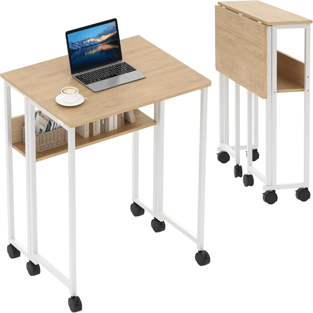 BeesClover Folding Desk Mobile Small Rolling Computer Desk,24.8 Inch Foldable Laptop Cart Table with Wheels,Portable Office Desk for Small Space Couch Bed,Easy Assembly